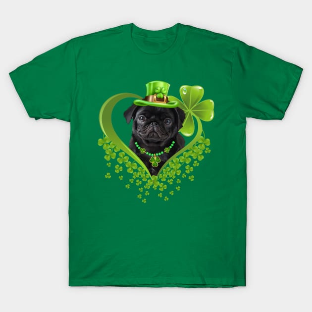 Funny Black Puppy Pug Green Hearts St Patrick's Day T-Shirt by shattorickey.fashion